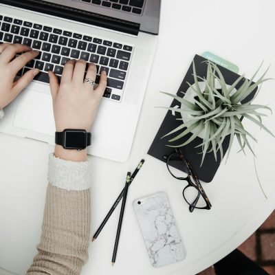 person using laptop computer beside aloe vera